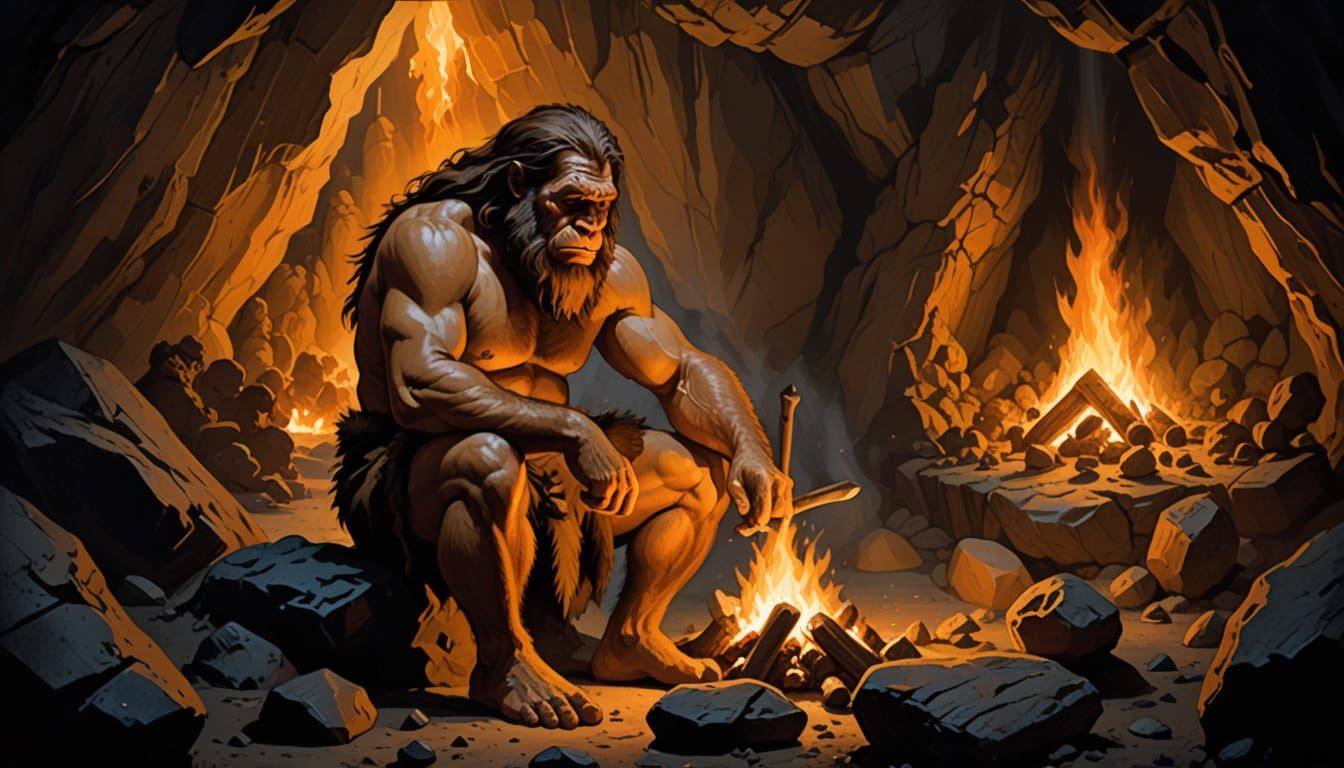 Neanderthal Hunter by Firelight in Cave