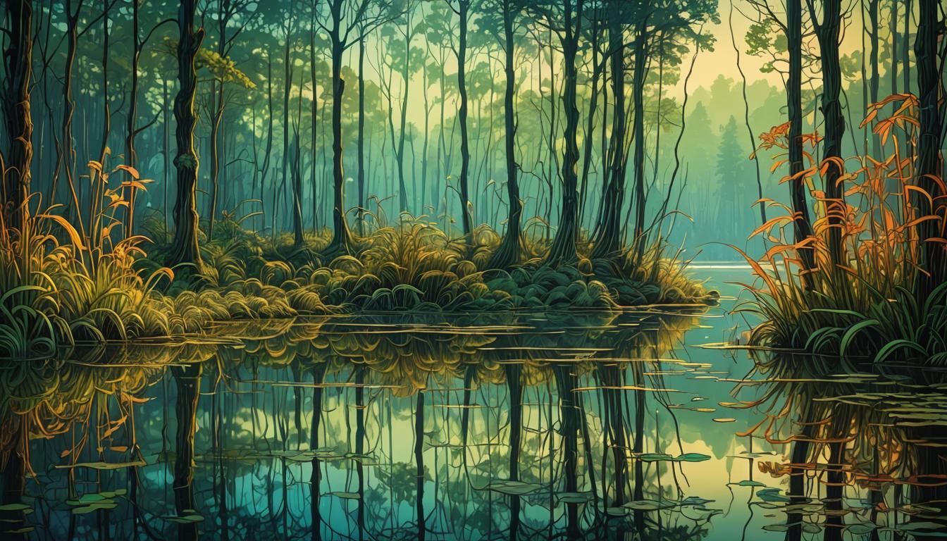 Lake Reflecting Forest in Art Nouveau Style