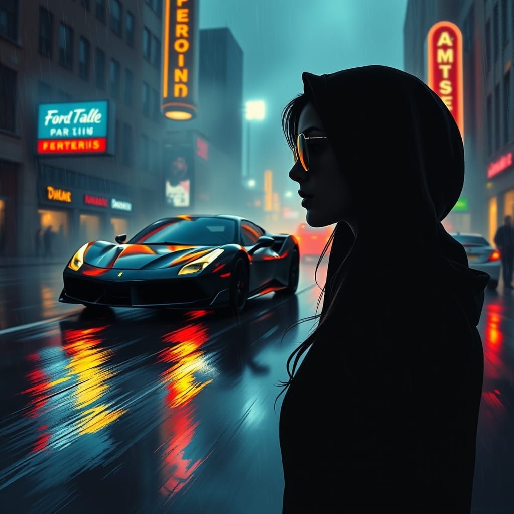 Ethereal Cityscape with Silhouette of a Young Woman