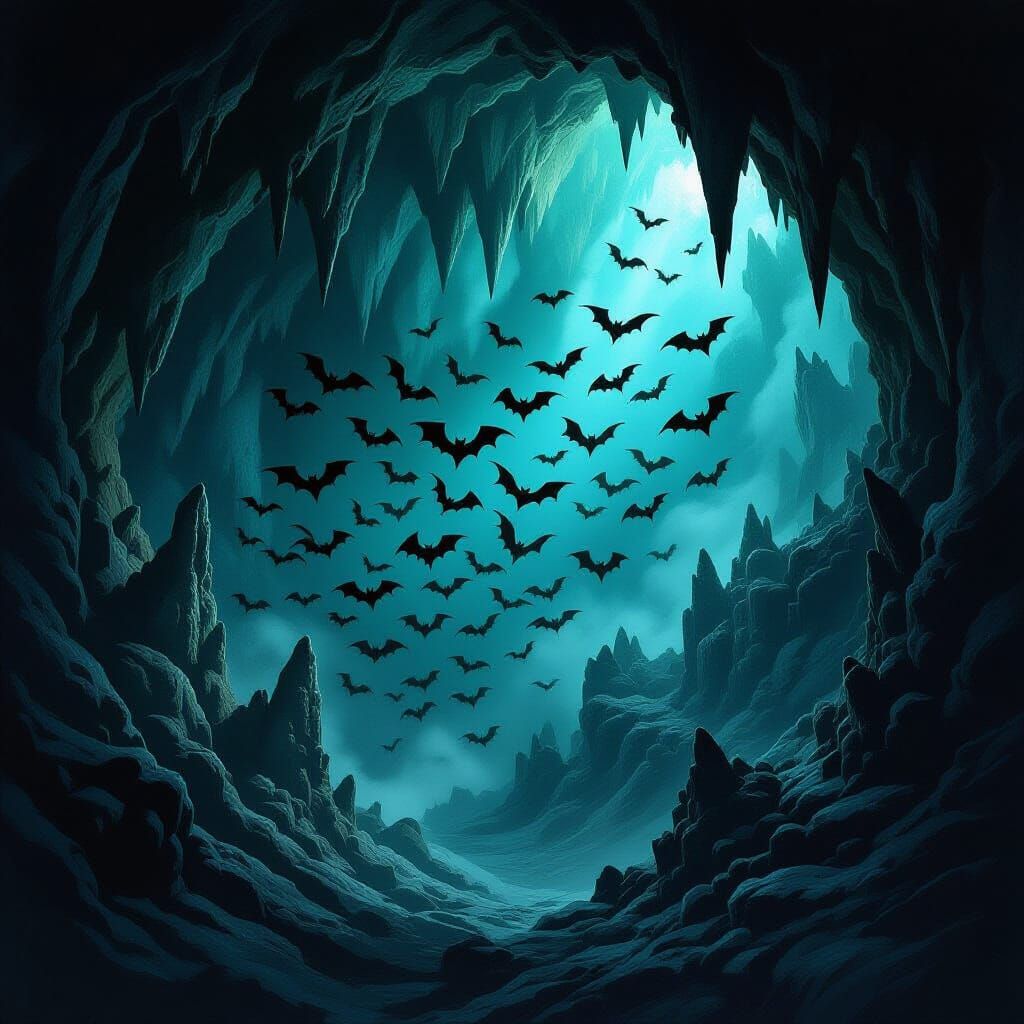 Bats Emerge from Dark Cavern in Dramatic Fantasy Style