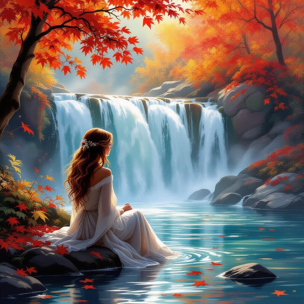 Serene Woman by Autumn Waterfall in Fantasy Art Style