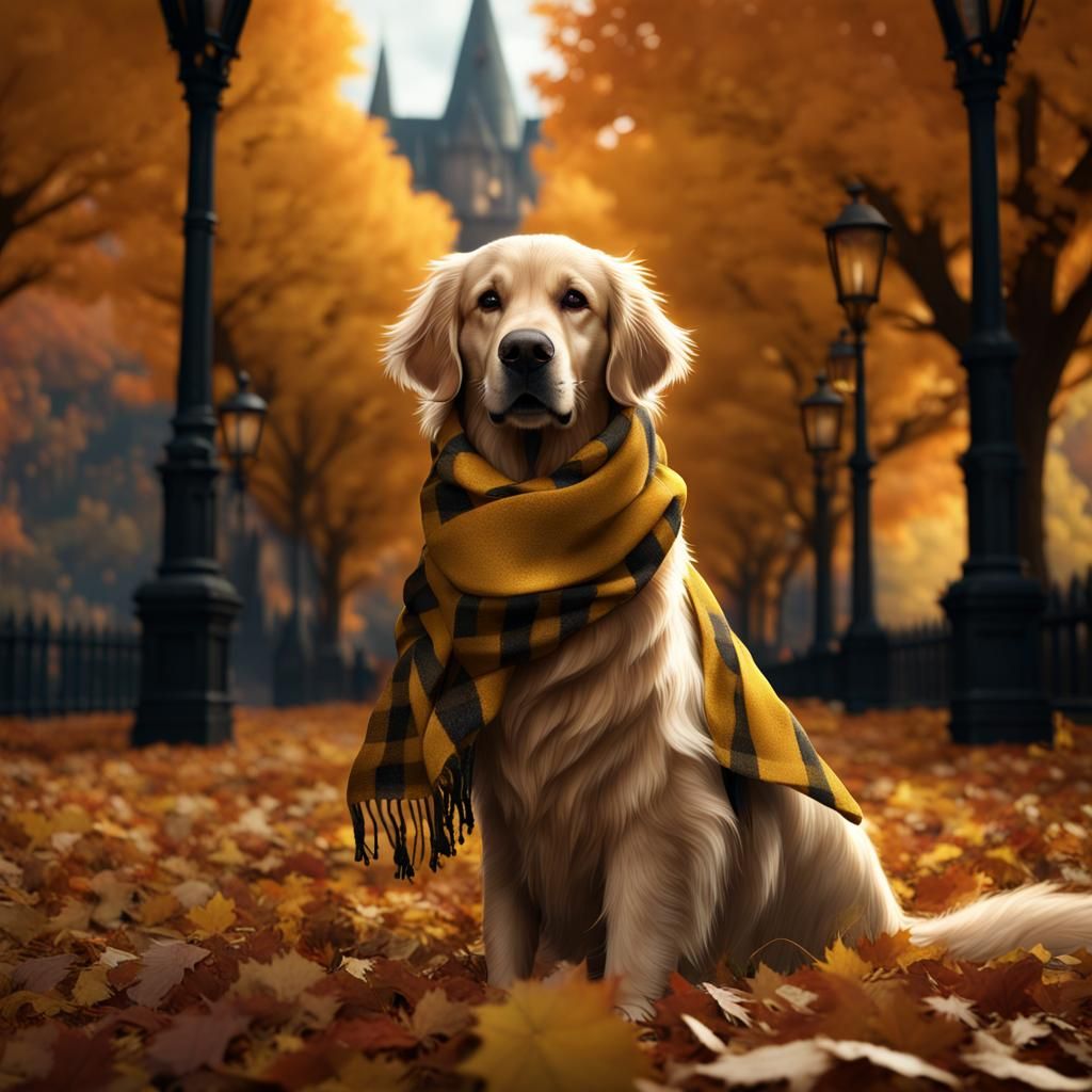 Golden Retriever at Hogwarts in Autumn