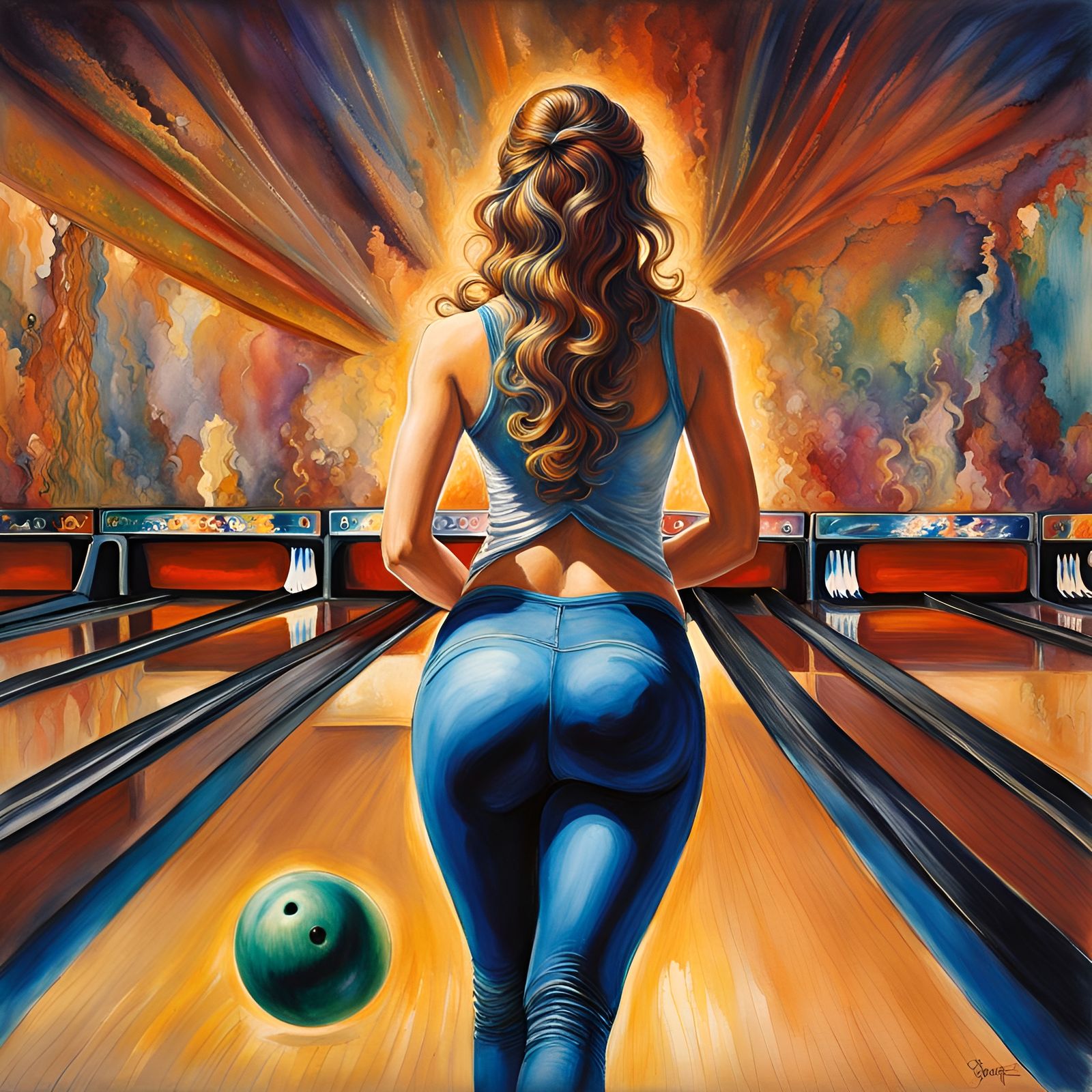 Voluptuous Woman Bowling: Artistic Watercolor Illustration