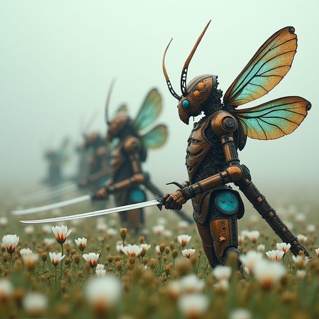 Mechanical Dragonfly Samurai in Opium Field, Syd Mead Style