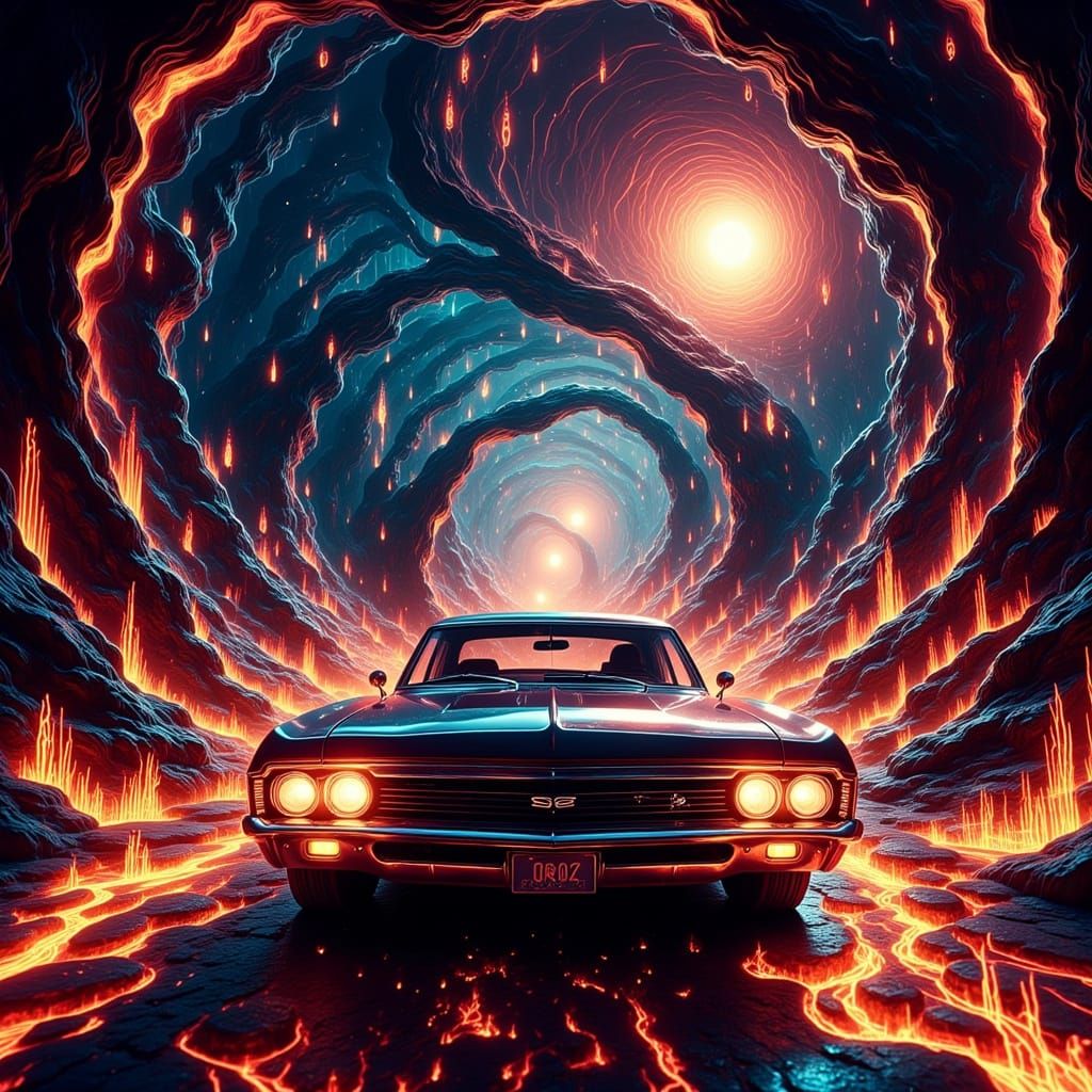 Surreal Highway to Hell Scene in Cyberpunk Aesthetic