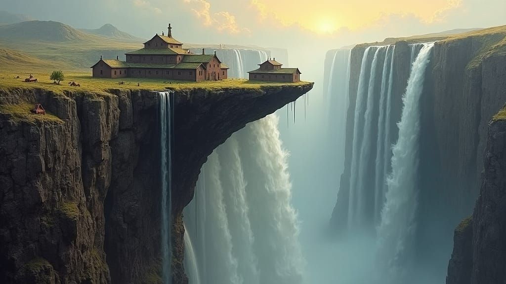 Cliffside Houses by Waterfall in Surreal Retrofuturism