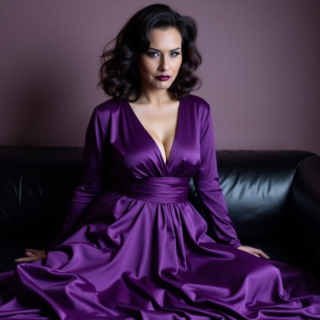 Glamorous Woman in a Purple Wrap Dress in Noir Hollywood Sty...
