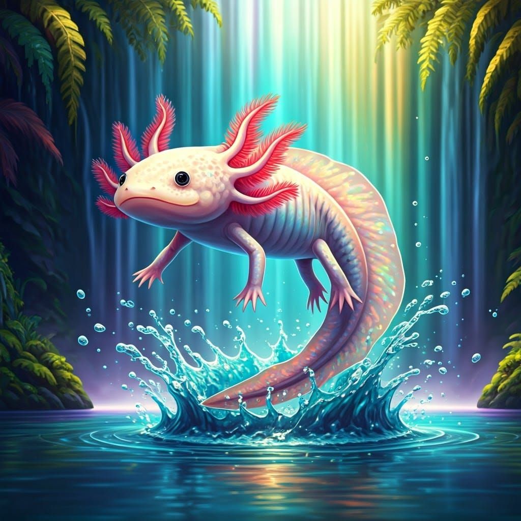Whimsical Axolotl Leaps in Radiant, Kaleidoscopic Waterfall