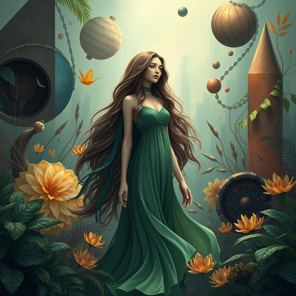 A woman with long, wavy hair and a flowing green dress sits serene, surrounded by abstract shapes, leafy plants, and sof...
