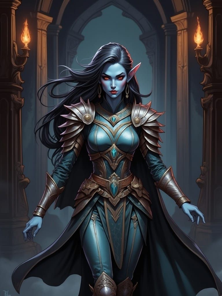 Indigo Elf Goddess in Ancient Temple, Graphic Comic Art