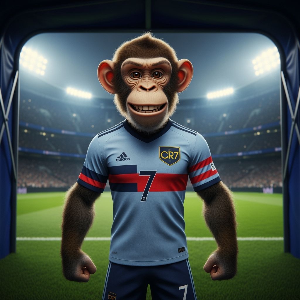 Monkey in CR7 Jersey: Playful Stadium Portrait