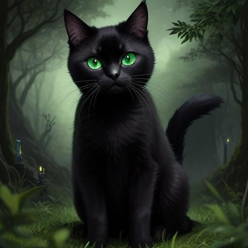 Enchanted Black Siamese Cat with Green Rune Eyes
