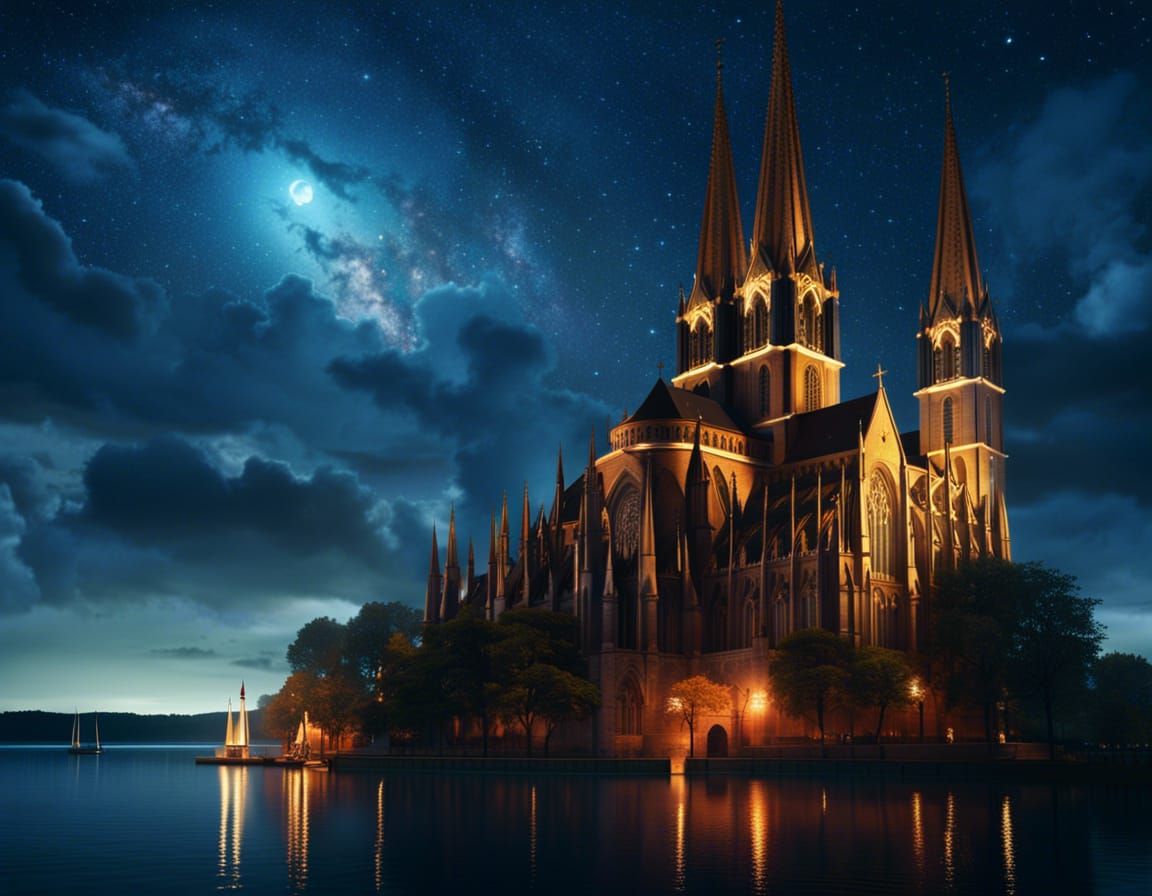 Dramatic Lakeside Gothic Church at Night: Digital Painting