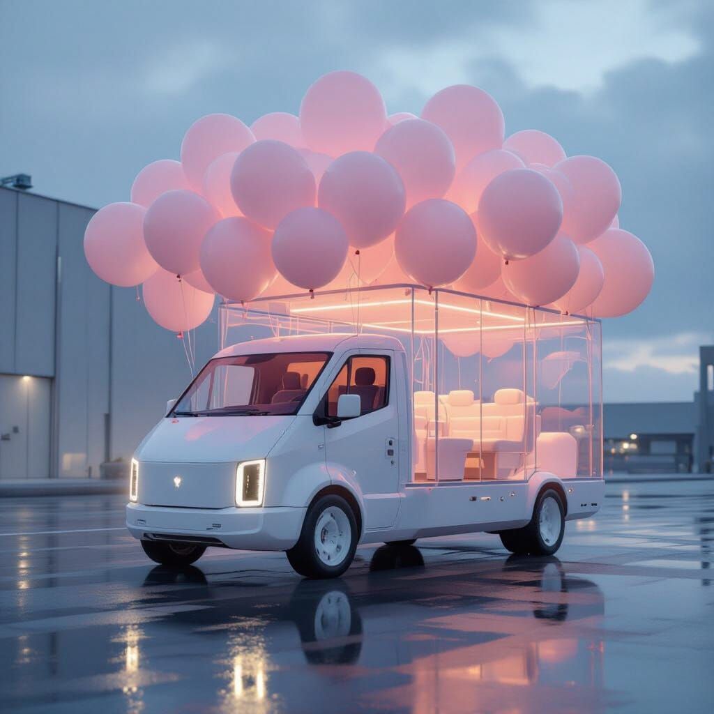 Minimalist Truck Surrounded by Pastel Balloons in Futuristic...