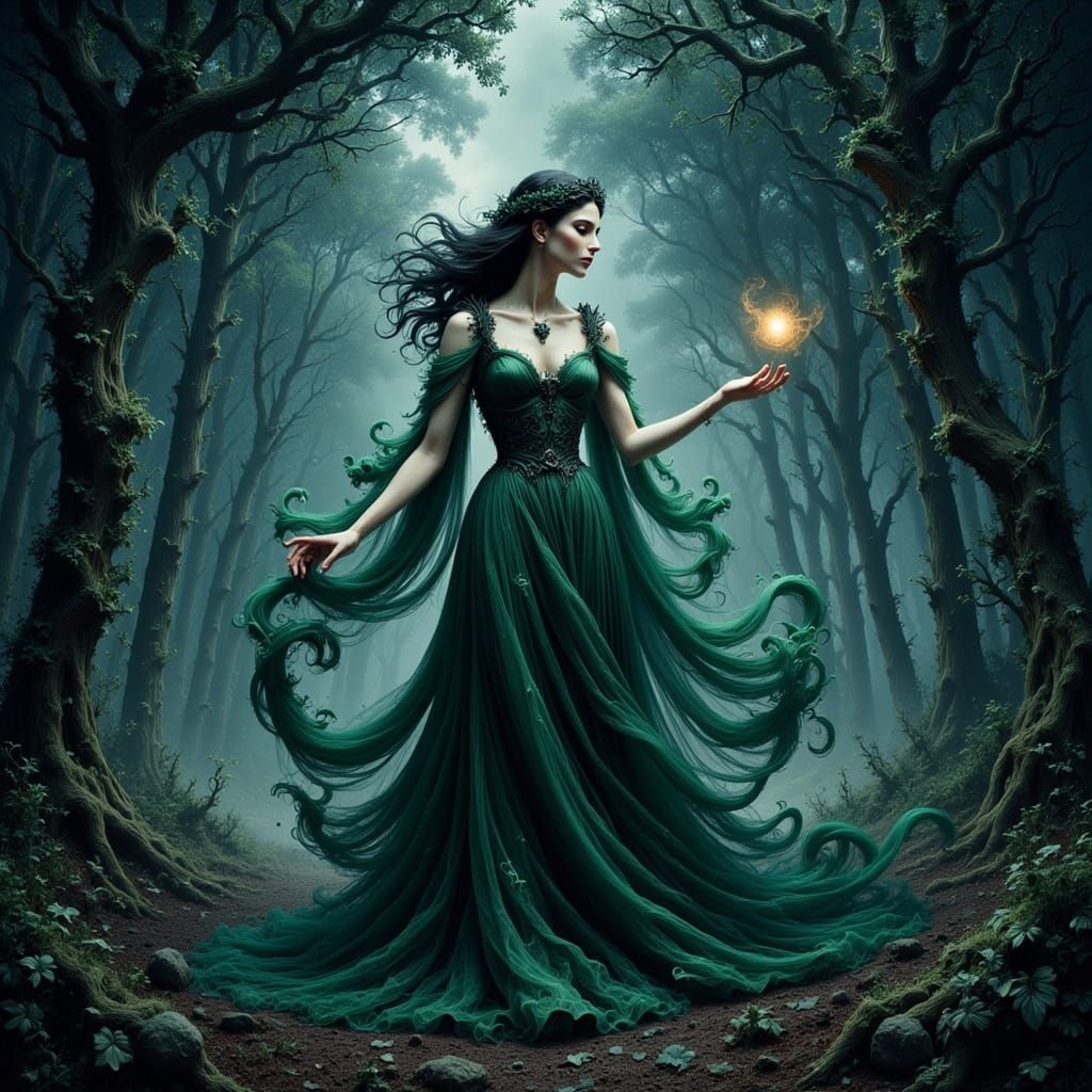 Regal Lady in Moonlit Forest Dark Fantasy Art