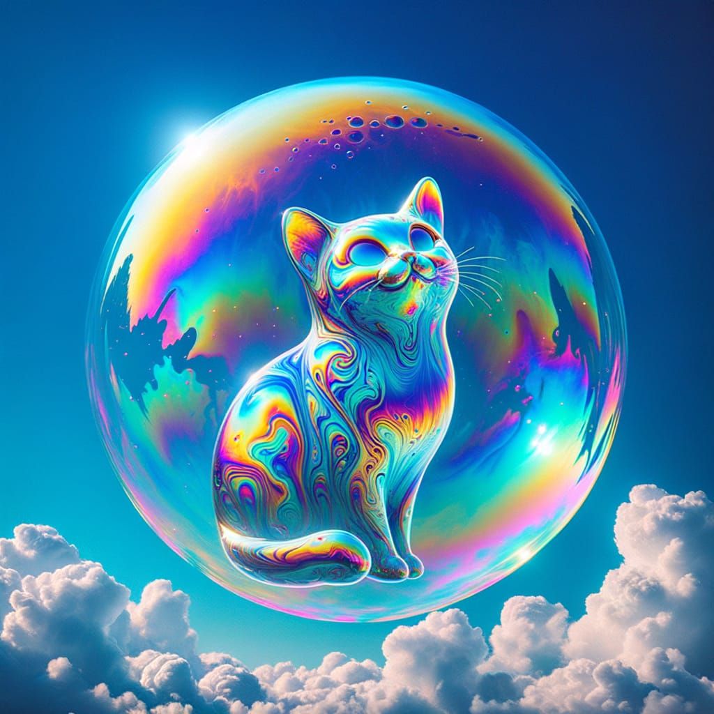 Iridescent Cat-Shaped Soap Bubble Drifting in Sky