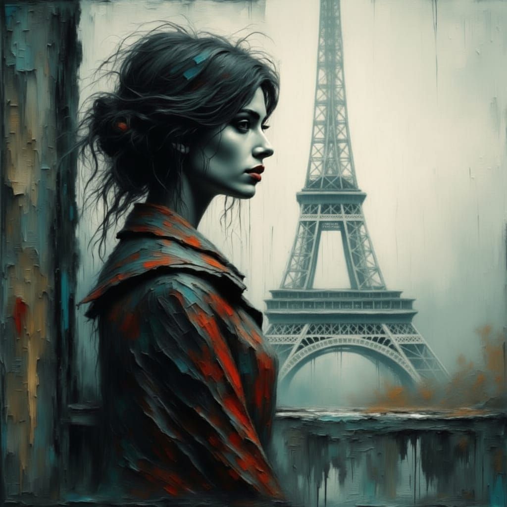 Pixie Woman in Rainy Paris: Impasto Style