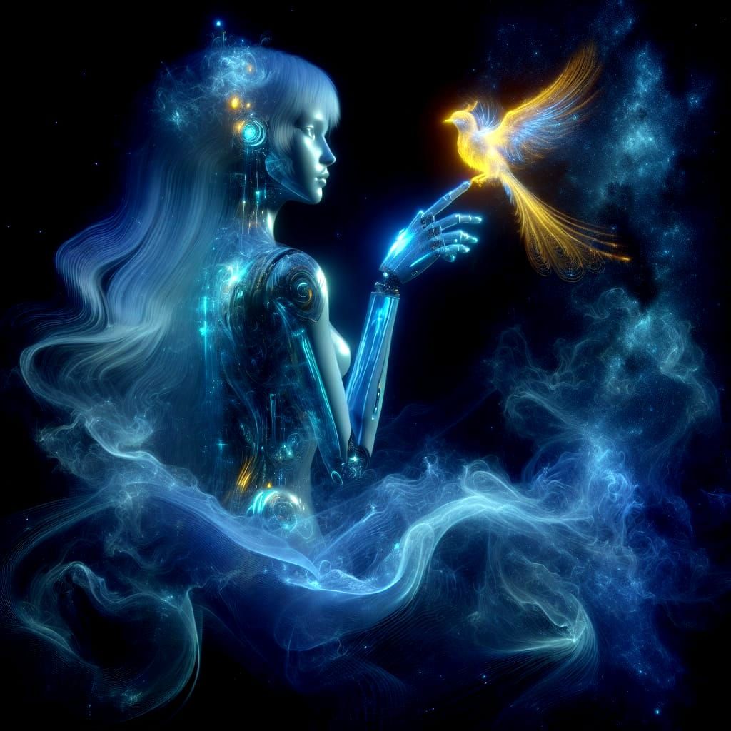 Ethereal Android Goddess in Cosmic Holographic Glory