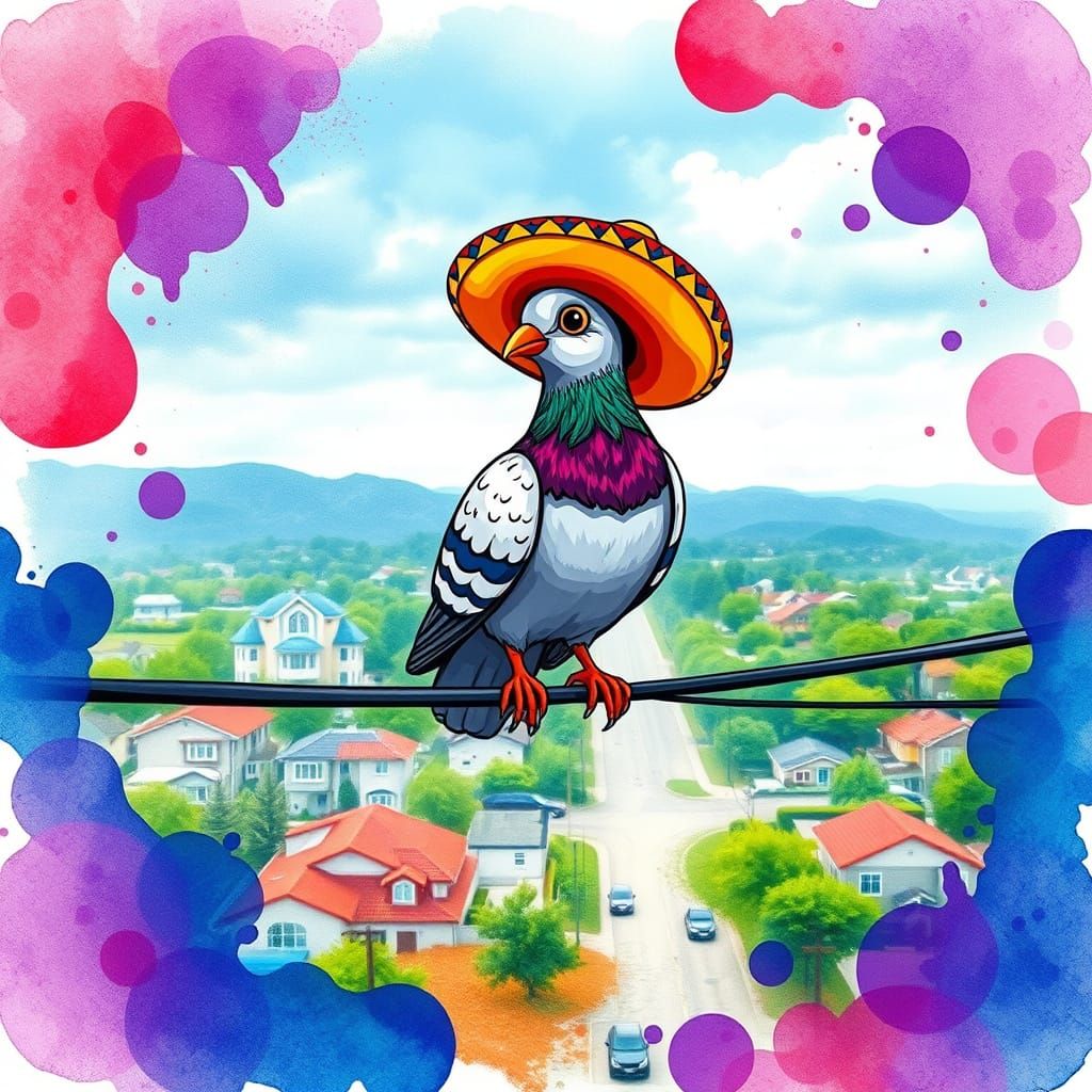 Cartoon Pigeon in Sombrero, Watercolor Vignette