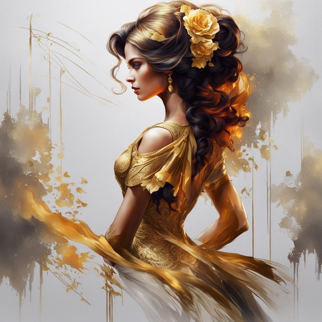 Woman in Golden Dress with Intricate Filigree