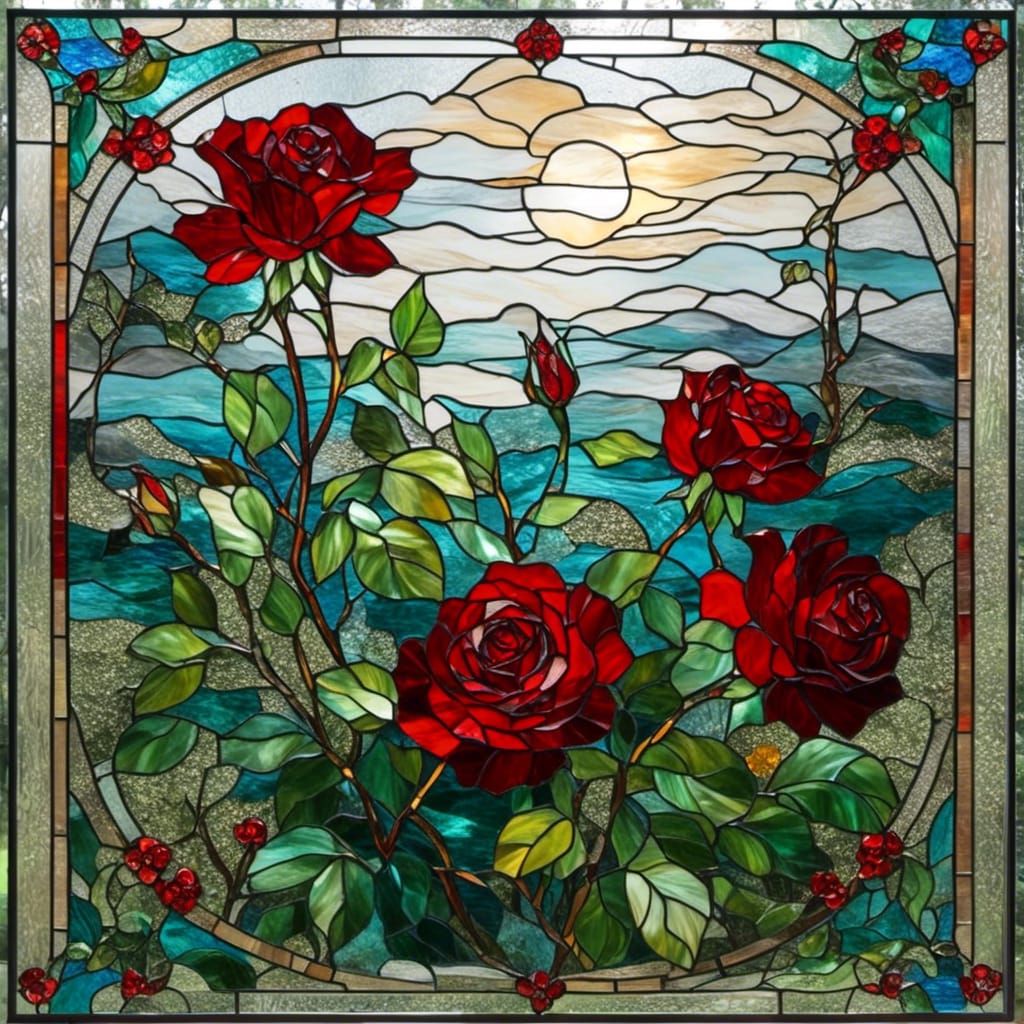 Stained Glass Rose on Cloudy Background