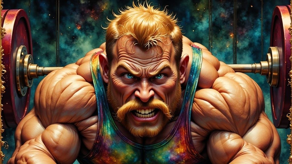 Muscle-Bound Weightlifter's Intense Focus on Sports Poster