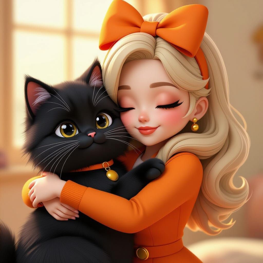 Chibi Blonde Woman Hugs Fluffy Black Cat