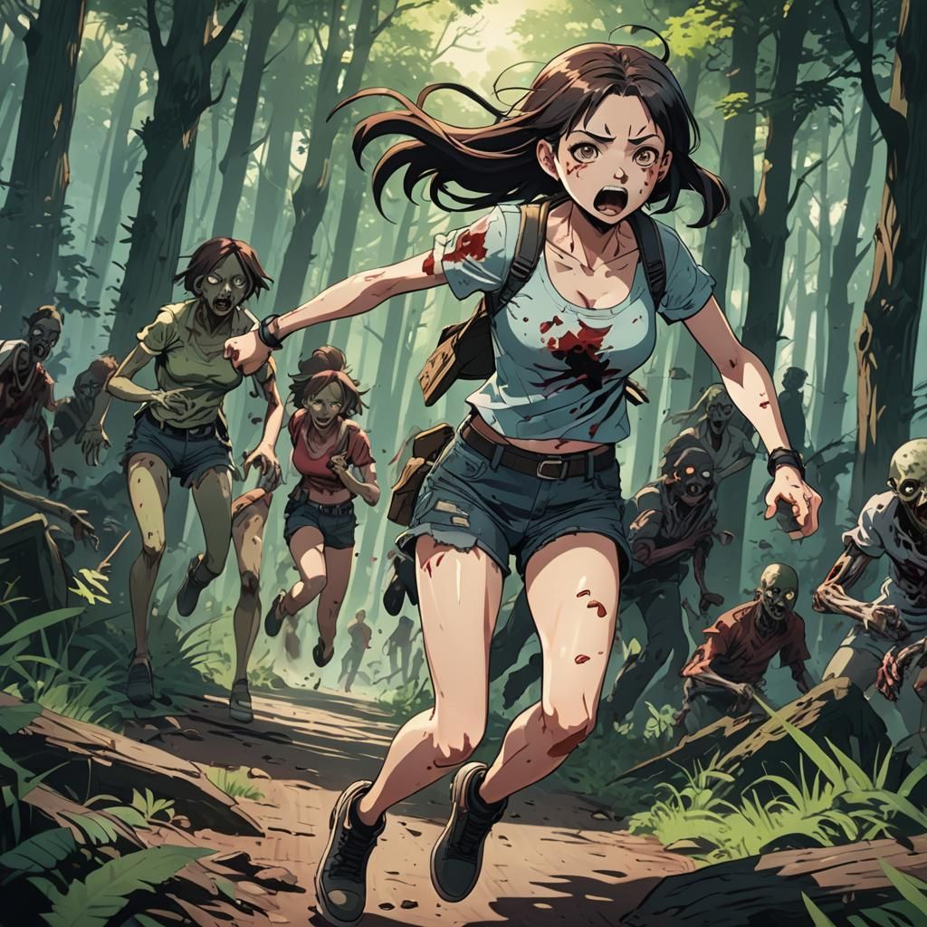 Girl Running from Zombies in Anime Style Forest