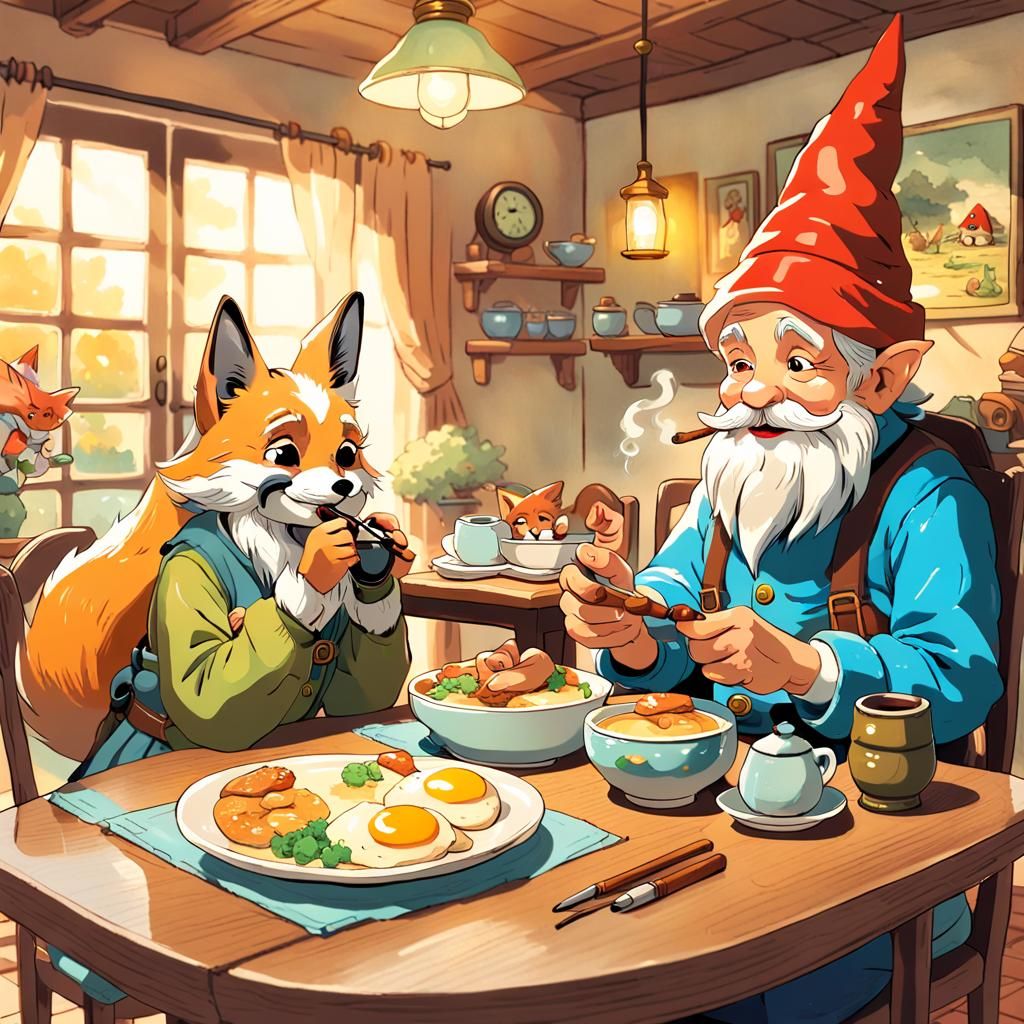 Cozy Gnome Couple in Whimsical Anime Scene