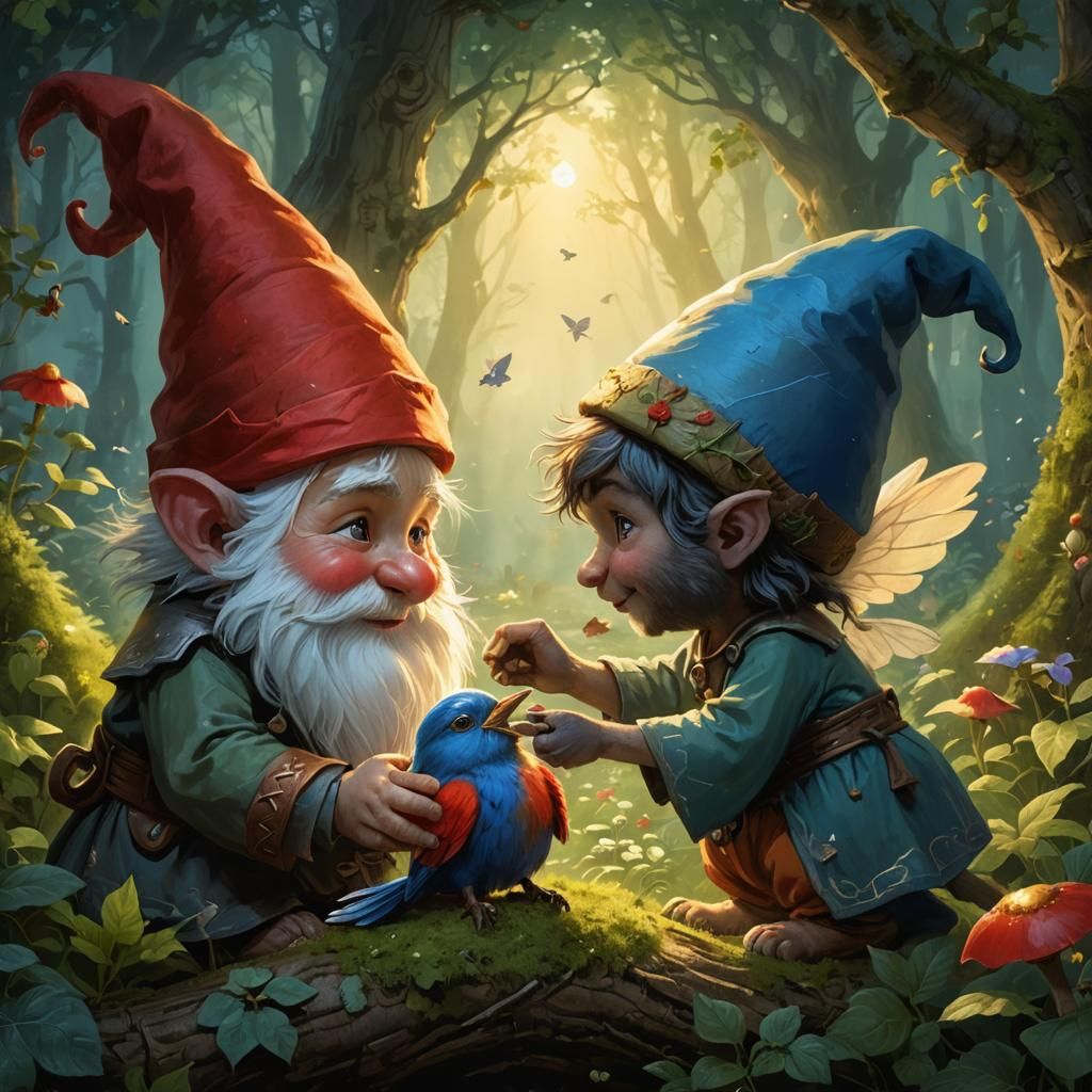 Cute Gnomes Tend to Injured Bird in Whimsical Storybook Illu...