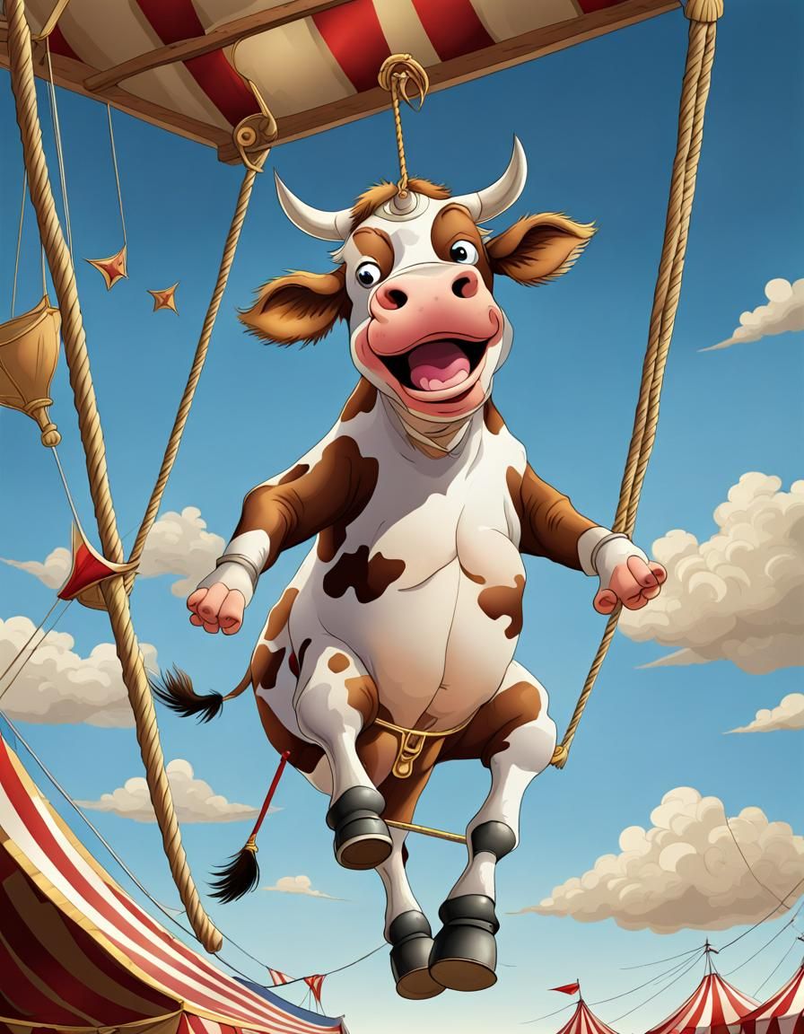 Cartoon Cow on Flying Trapeze in Circus