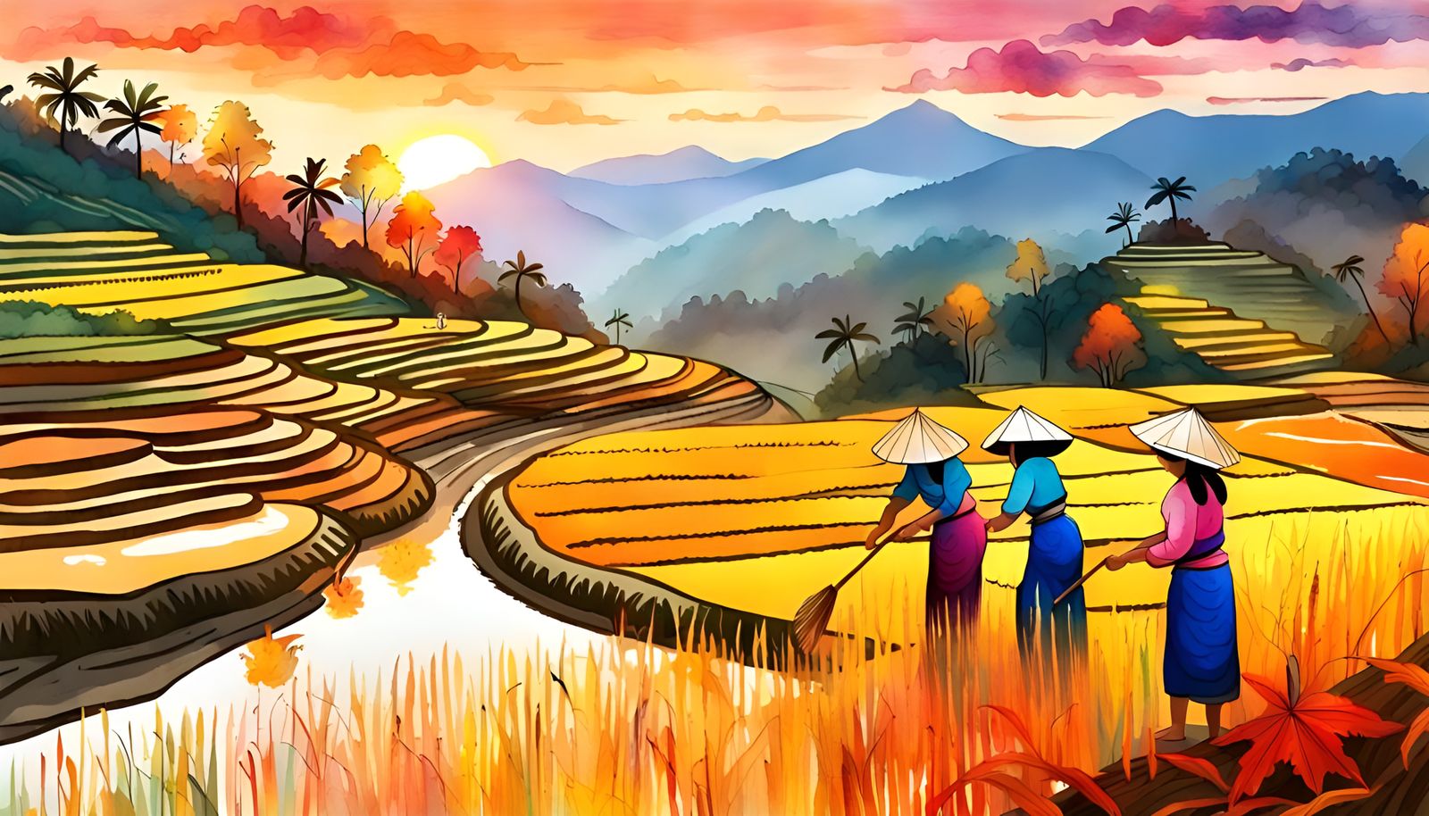 Filipina Women Harvesting Rice: Watercolor Autumn Scene
