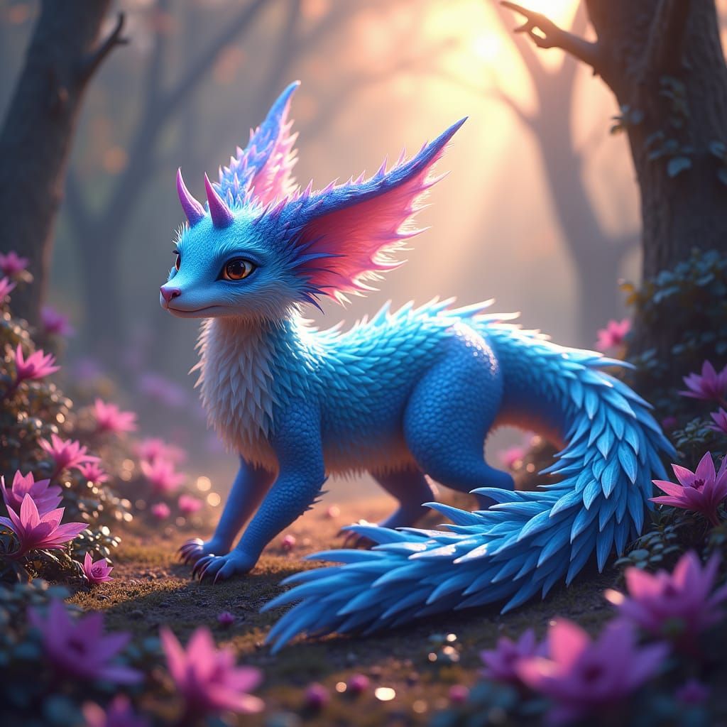Iridescent Dragonfox in Mystical Environment, Matte Painting