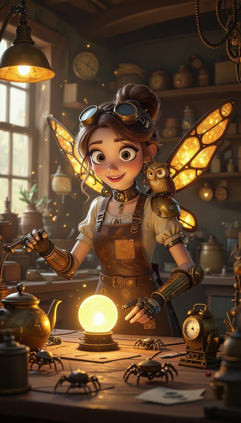 Steampunk Inventor in Workshop with Sentient Gadgets
