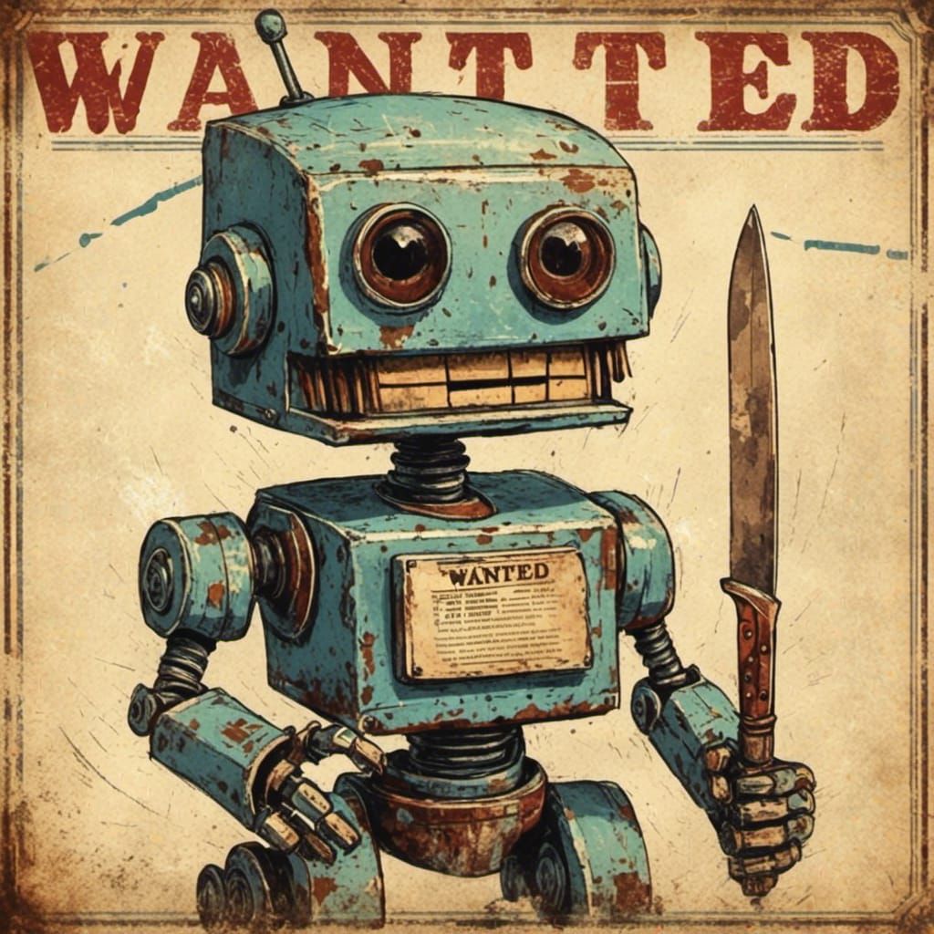 Retrofuturistic Wanted Poster of Smiling Robot in Oil Chalk ...