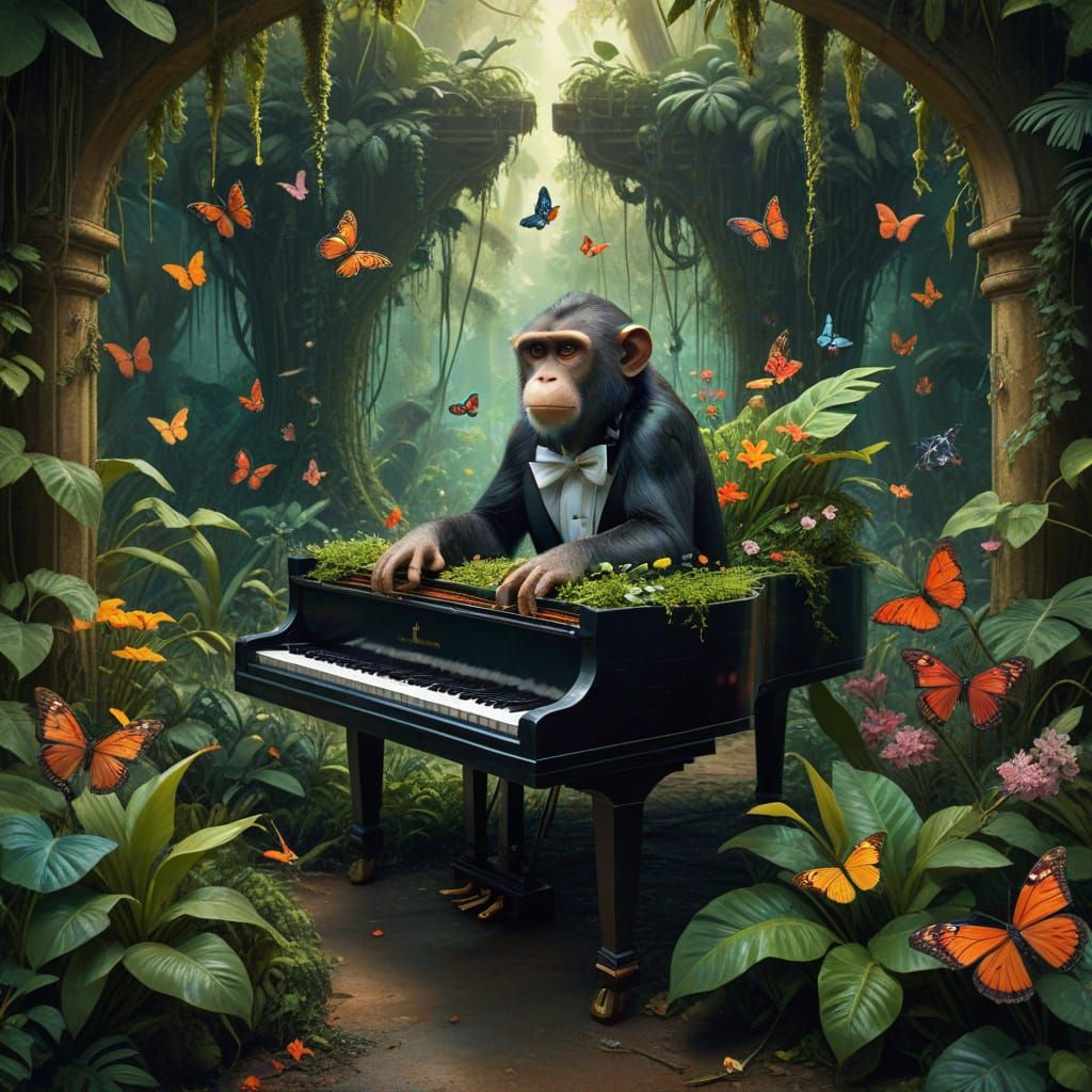 Grand Piano in Lush Jungle with Playful Monkey and Butterfli...