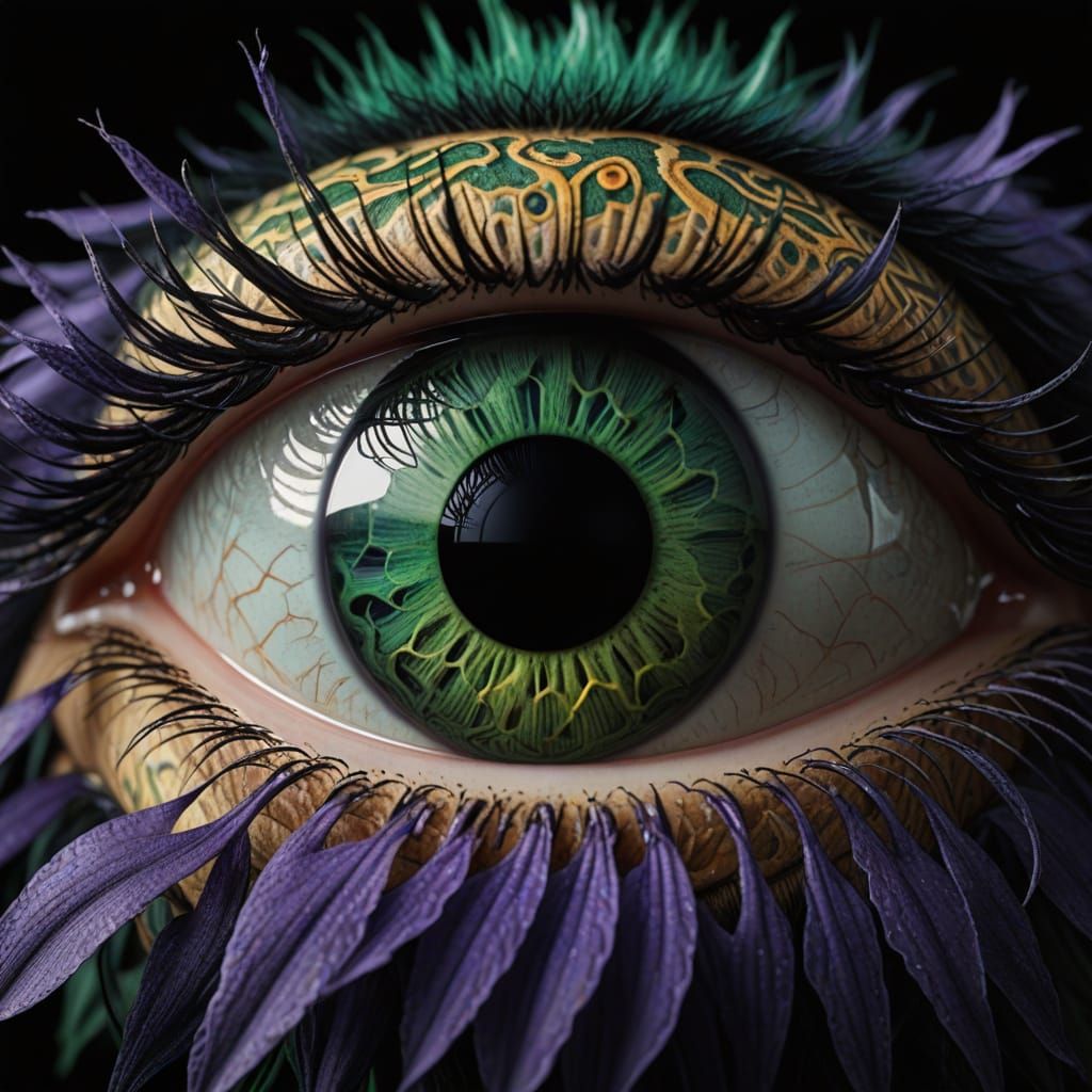 Surrealistic Macro Portrait of Diverse Green Eyes in a Black...