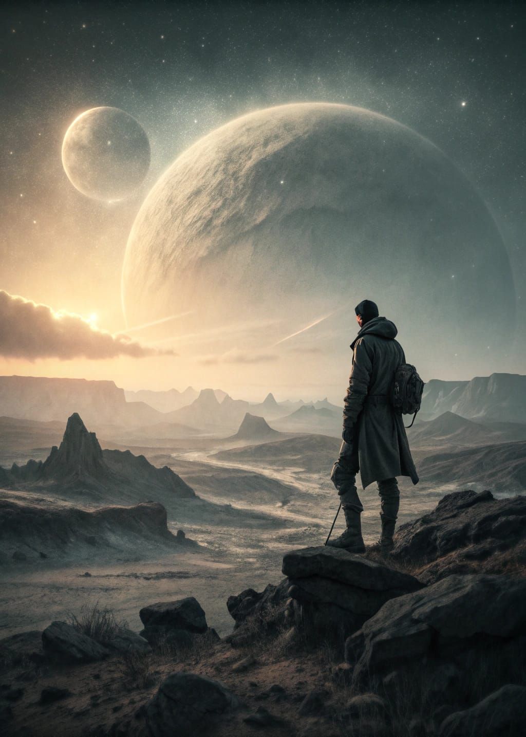 Explorer Gazes at Binary Sunset in Moody Film Still