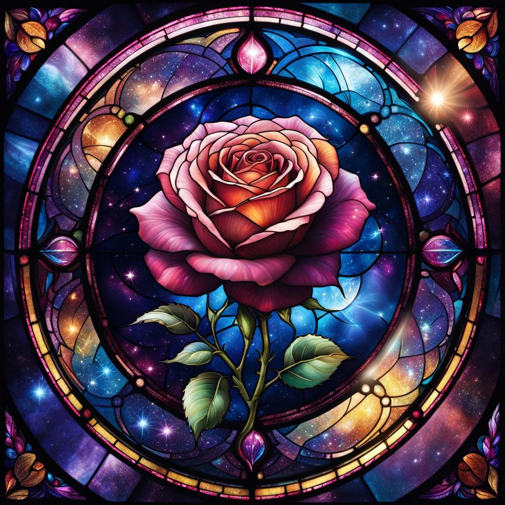Stained Glass Galaxy Rose with Magical Glow