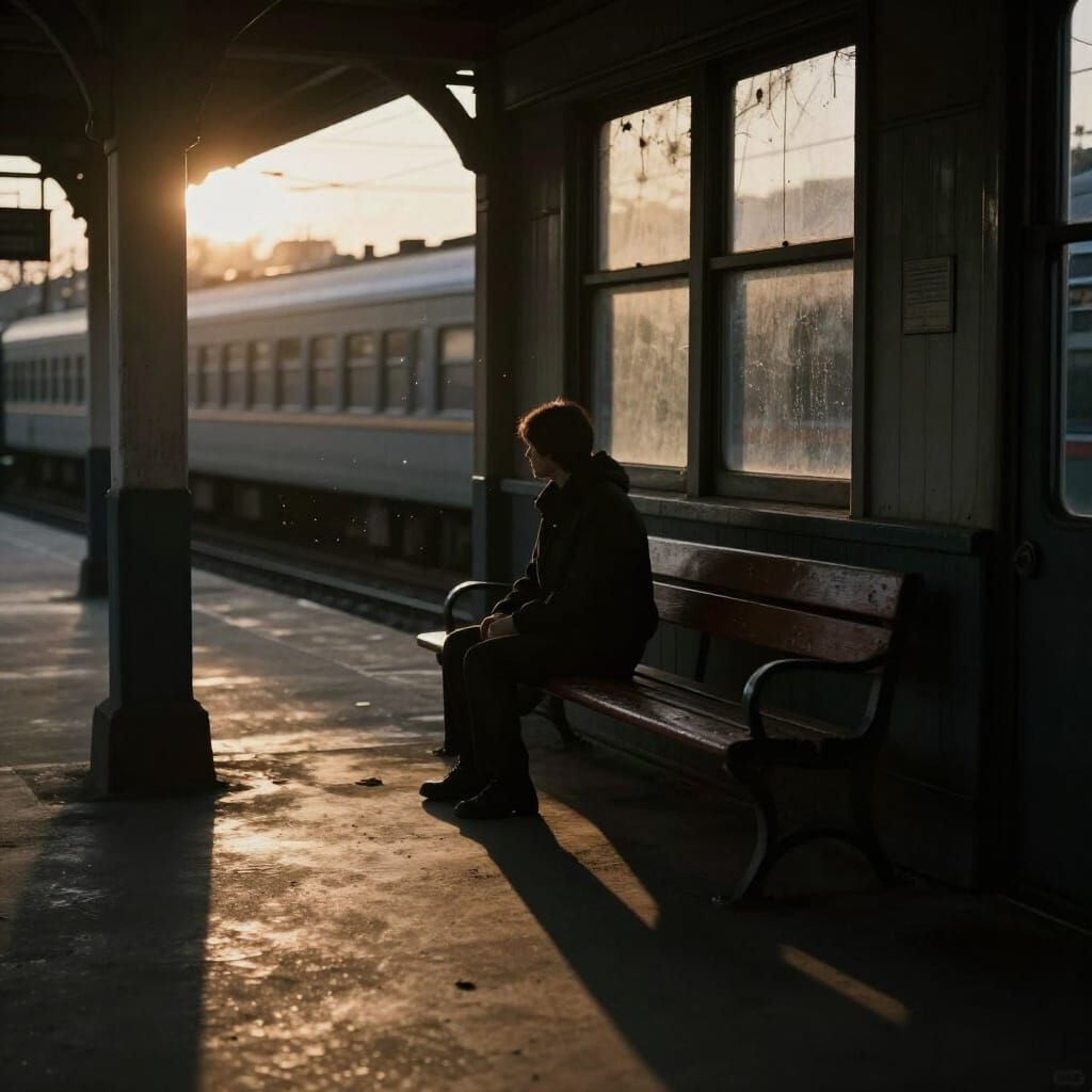 Figure on Bench in Deserted Train Station at Sunset