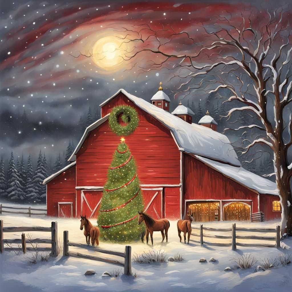 Christmas Barn in Winter Landscape as Impasto Painting