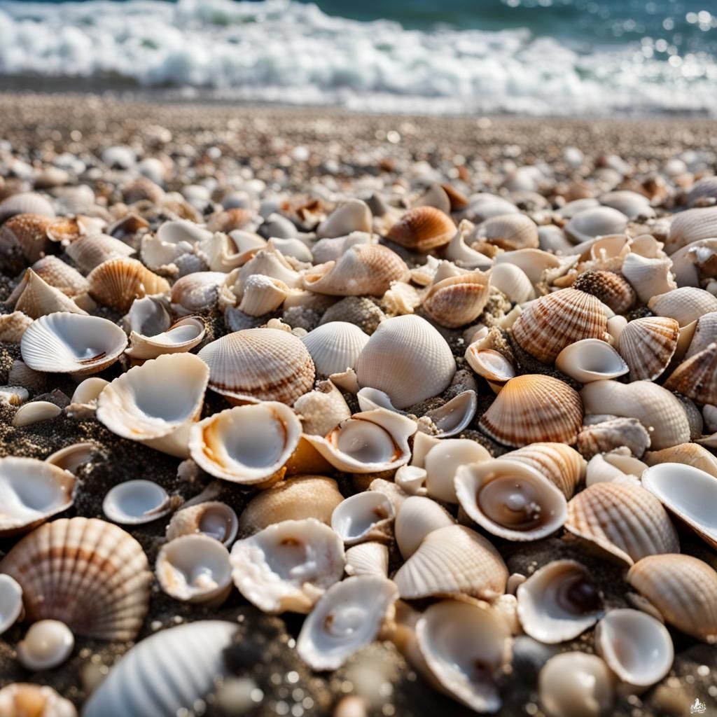 Seascape of Shells and Crashing Waves