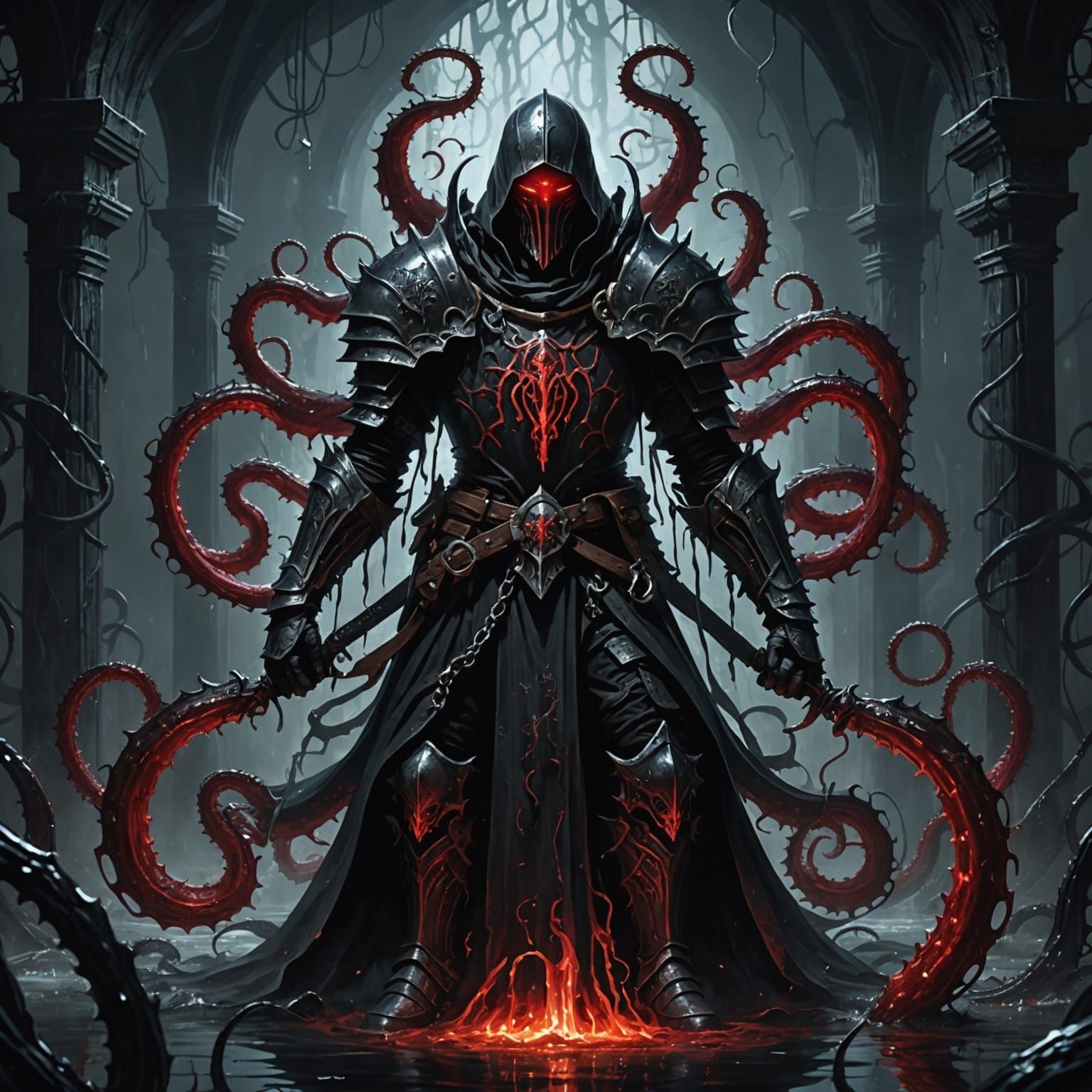 Knight Confronts Tentacle Monster in Dark Fantasy Art