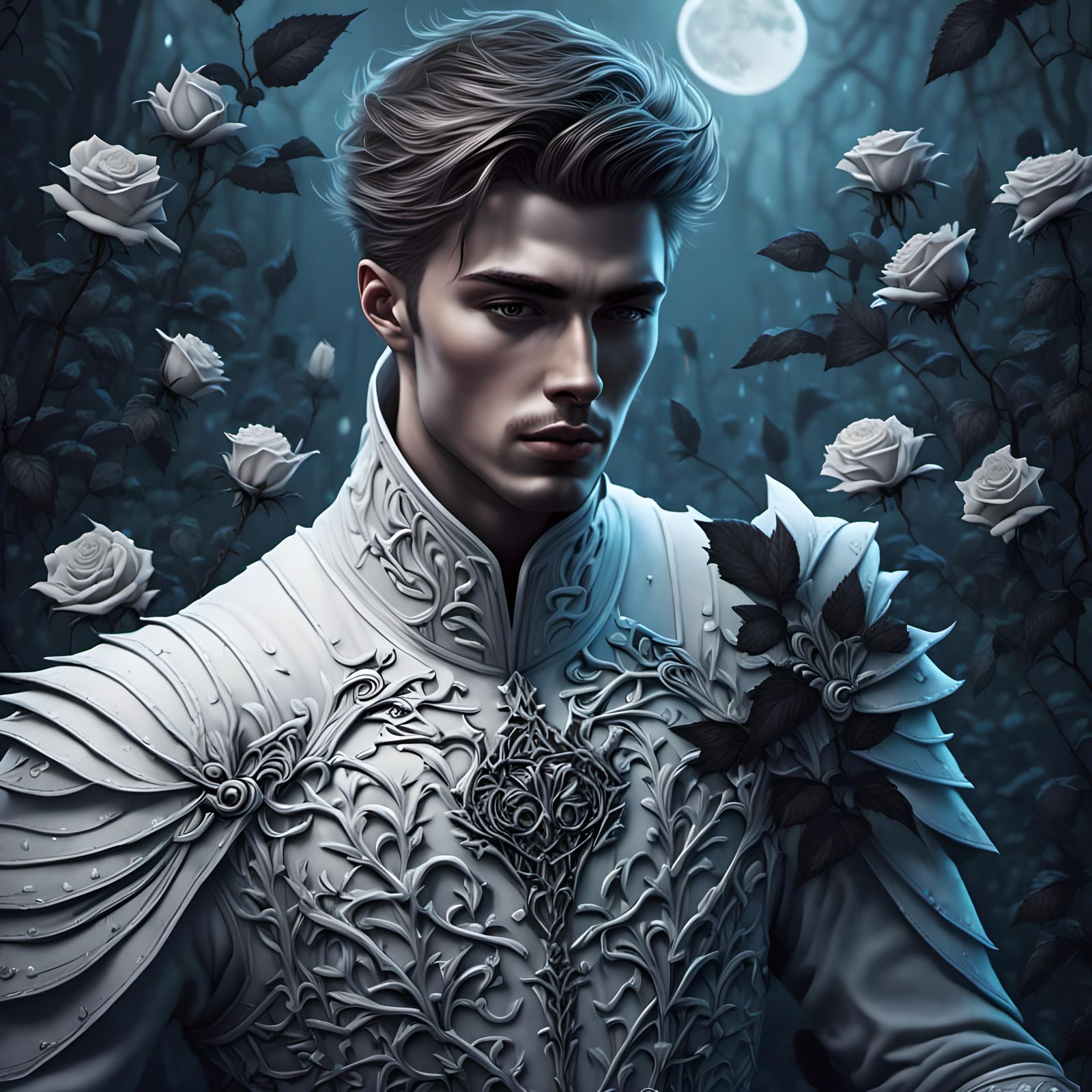 Handsome Knight in Moonlit Garden Fantasy Portrait
