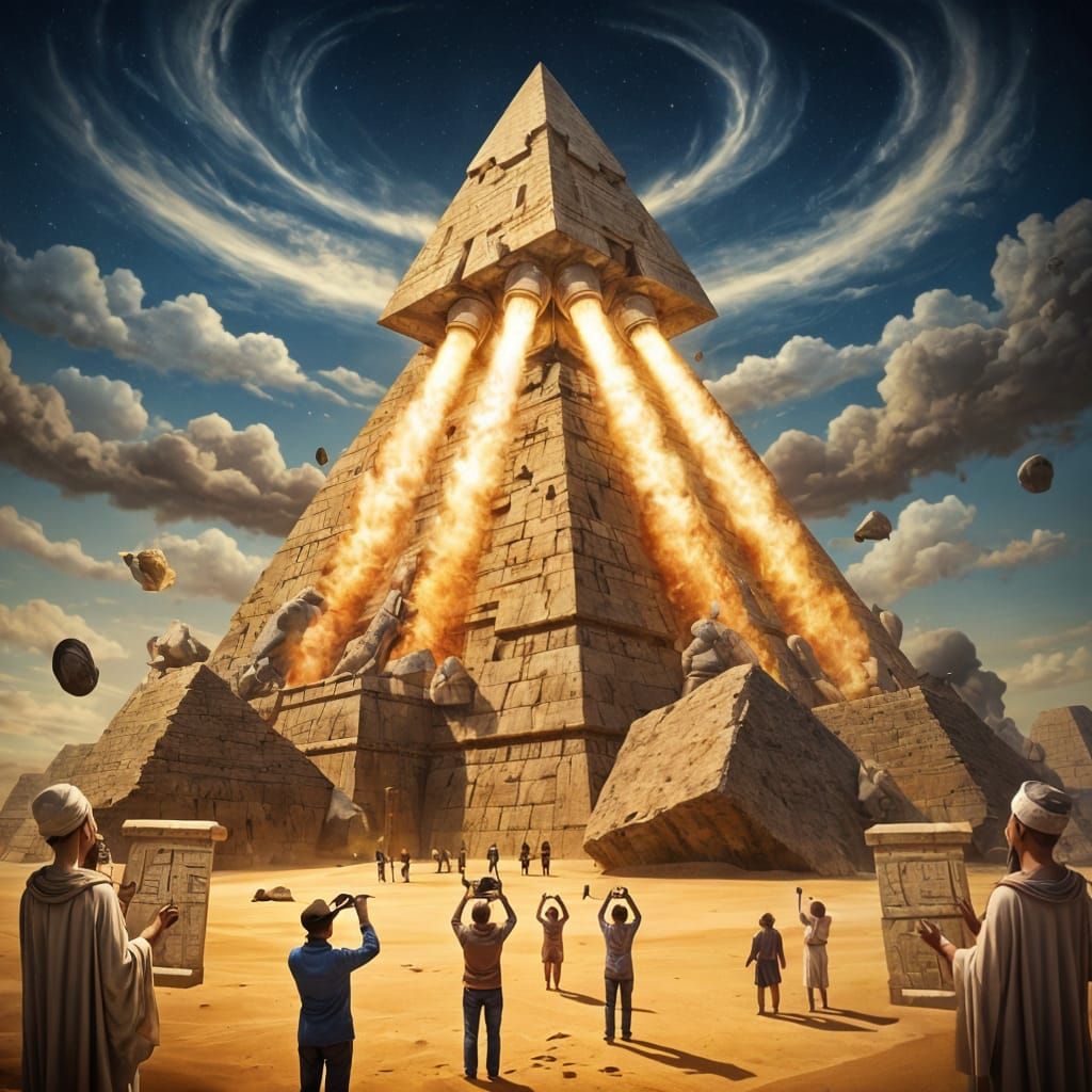 Egyptian Pyramid Rocket Launch: A Surreal Fusion