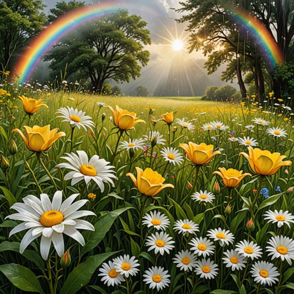 Floral Landscape with Rainbow After the Rain