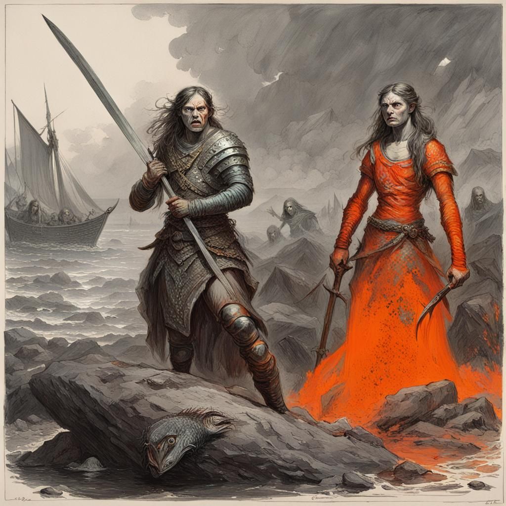 Slavic Warrior and Mermaid Juxtaposed Against Modern Girls