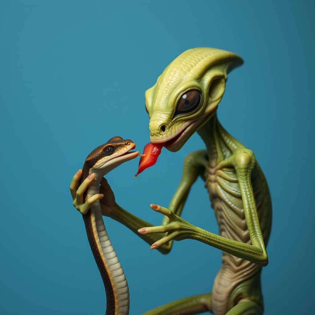 Reptilian Alien Feeds a Pet Snake