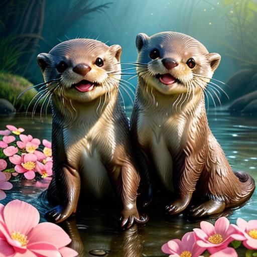 Adorable Baby Otters Playing in Golden Hour