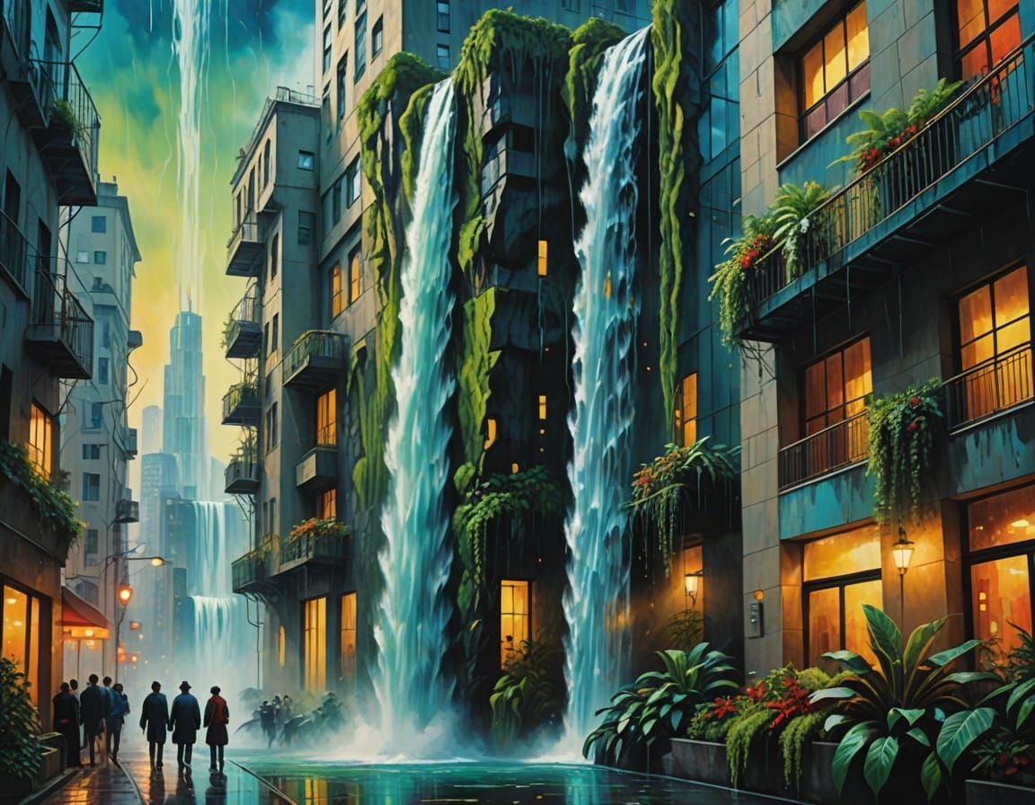 Surreal Urban Waterfall in Vibrant Oil Painting
